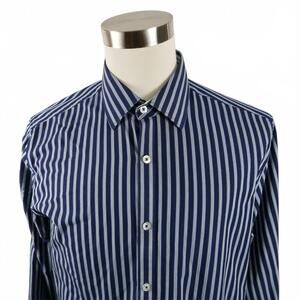 James Tattersall London Mens Button Up Navy Striped Dress Shirt Large 16.5